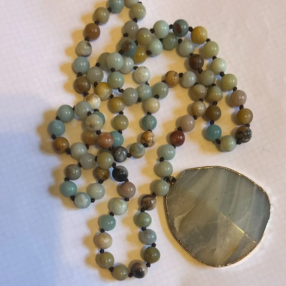 Stone Agate Multi Color Beaded Blue Gray Medallion Necklace Artsy Boho Festival